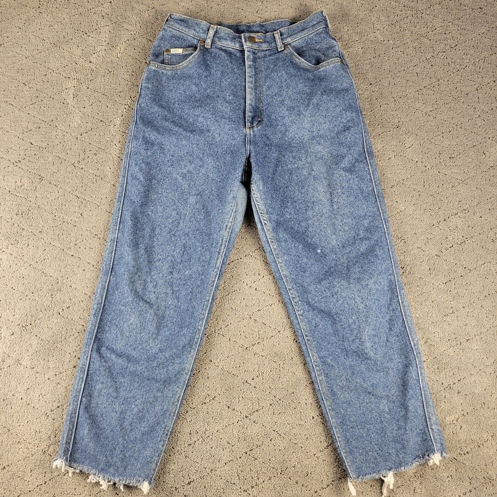 Vintage Lee Jeans Womens 12 Long Blue High Rise Mom Crop Raw Hem Made In USA